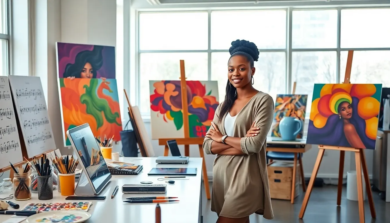 young artist in a bright art studio, blending traditional and digital techniques.